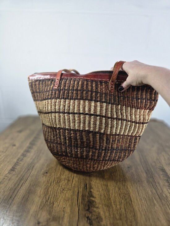 Handmade Handbags - vtg Sisal Jute leather shopper tote african kenya tote purse zip closure